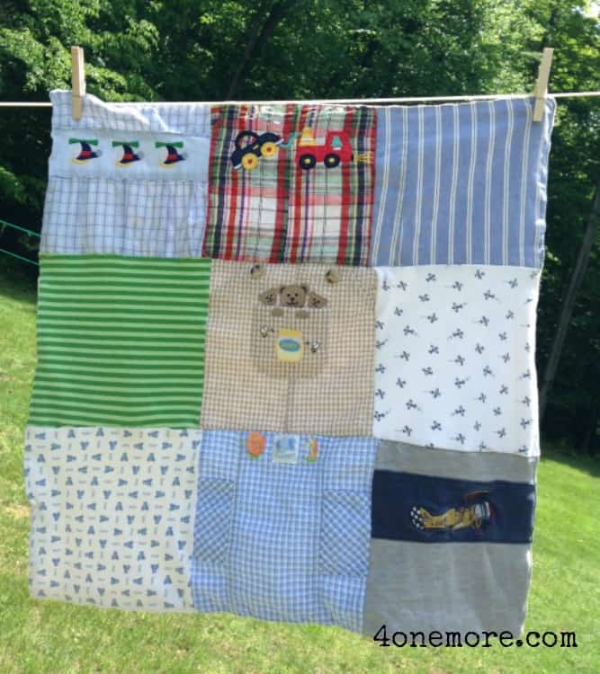 Upcycle baby clothes into a Memory Blanket @4onemore.com