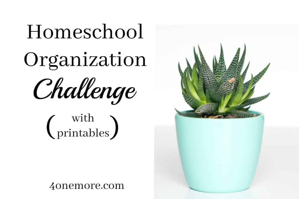 Overwhelmed with all the clutter? Join the homeschool organization challenge and get your whole home {and homeschool} organized! Complete with printables. #homeschool #organization @4onemore.com