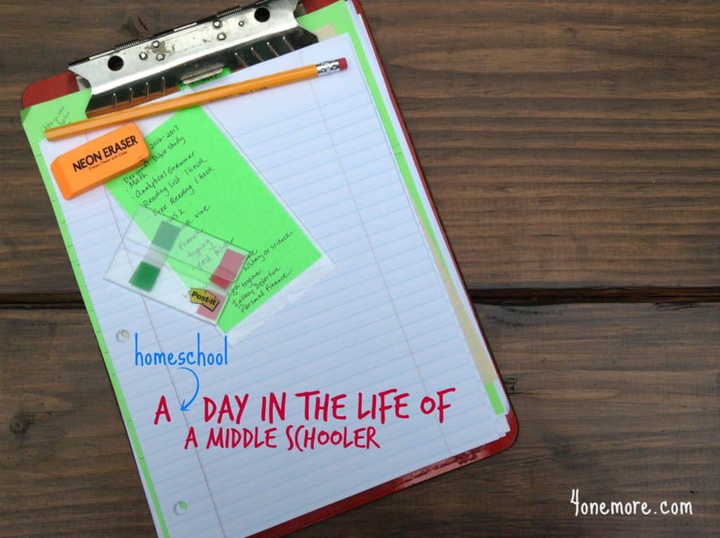 What does it look like to homeschool middle school? Check out how we do it with three middle schoolers @4onemore.com #homeschool #dayinthelife #schedule