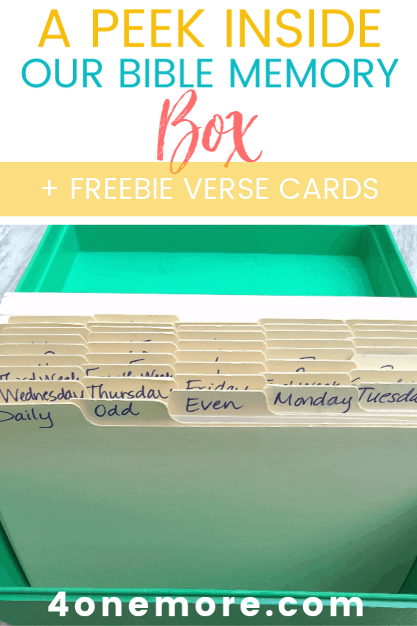 We've been using this Bible Memory Box for over a decade now and it's still the best system I've seen for systematically reviewing memory work.  Let me give you a sneak peek and you can grab some FREE verse printables at the end of this post!